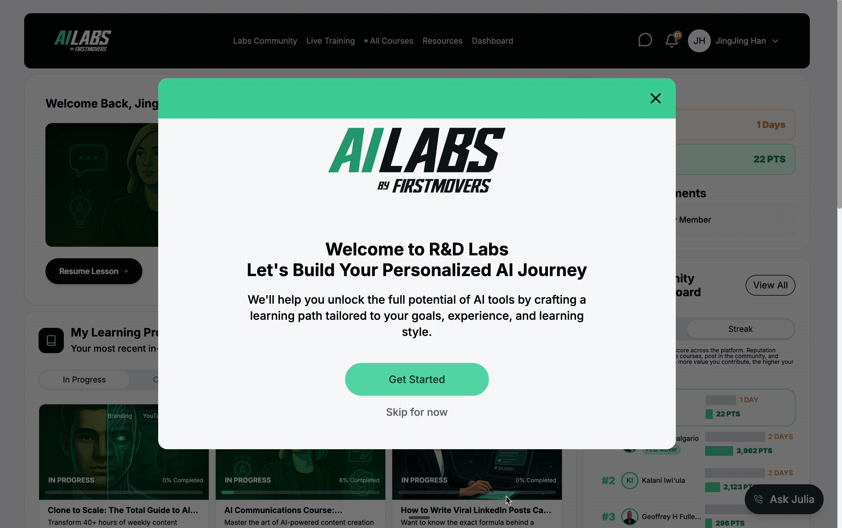 Onboarding welcome modal — Let’s build your personalized AI journey
