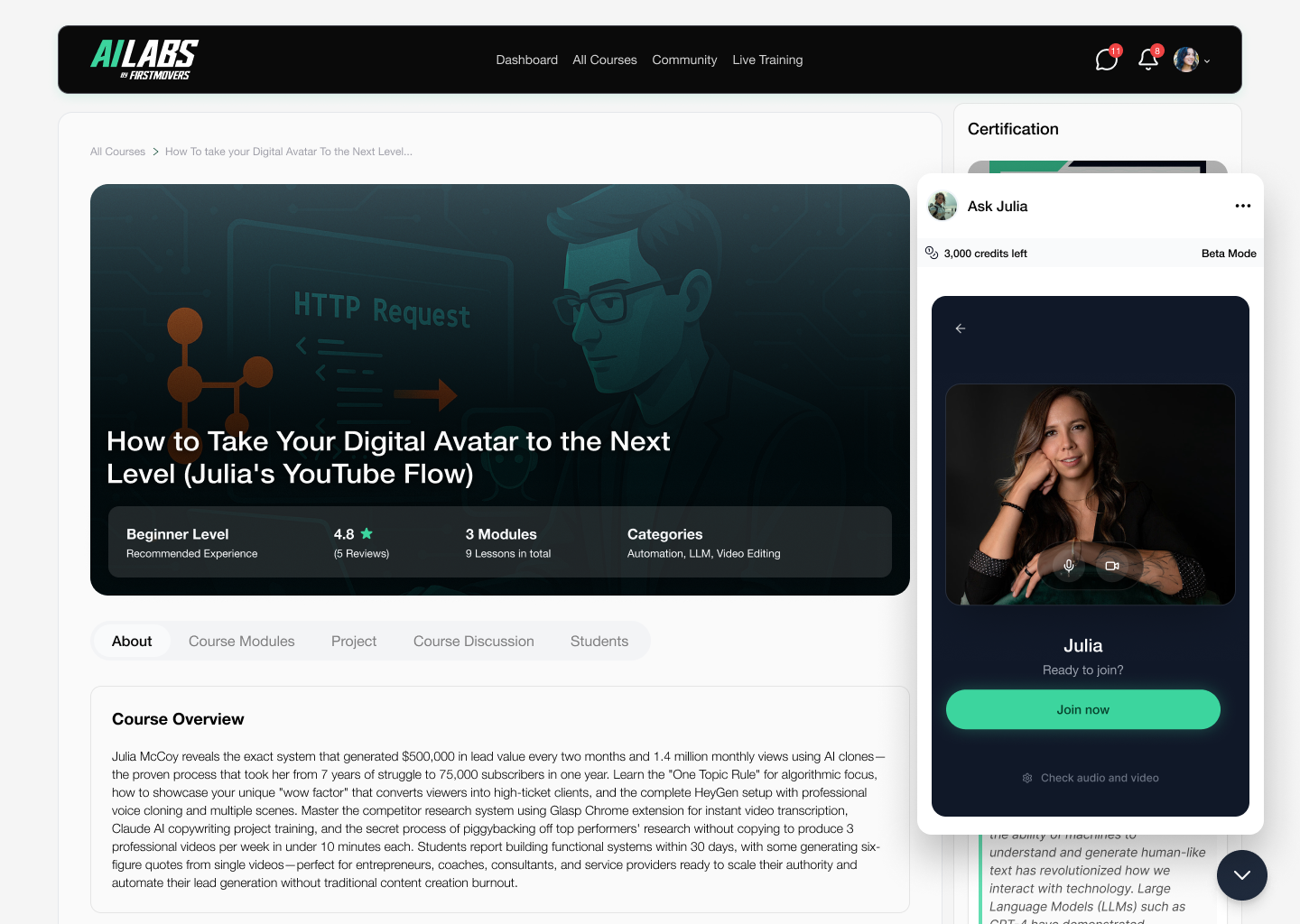 Ask Julia docked inside a course page — a persistent assistant living across the platform