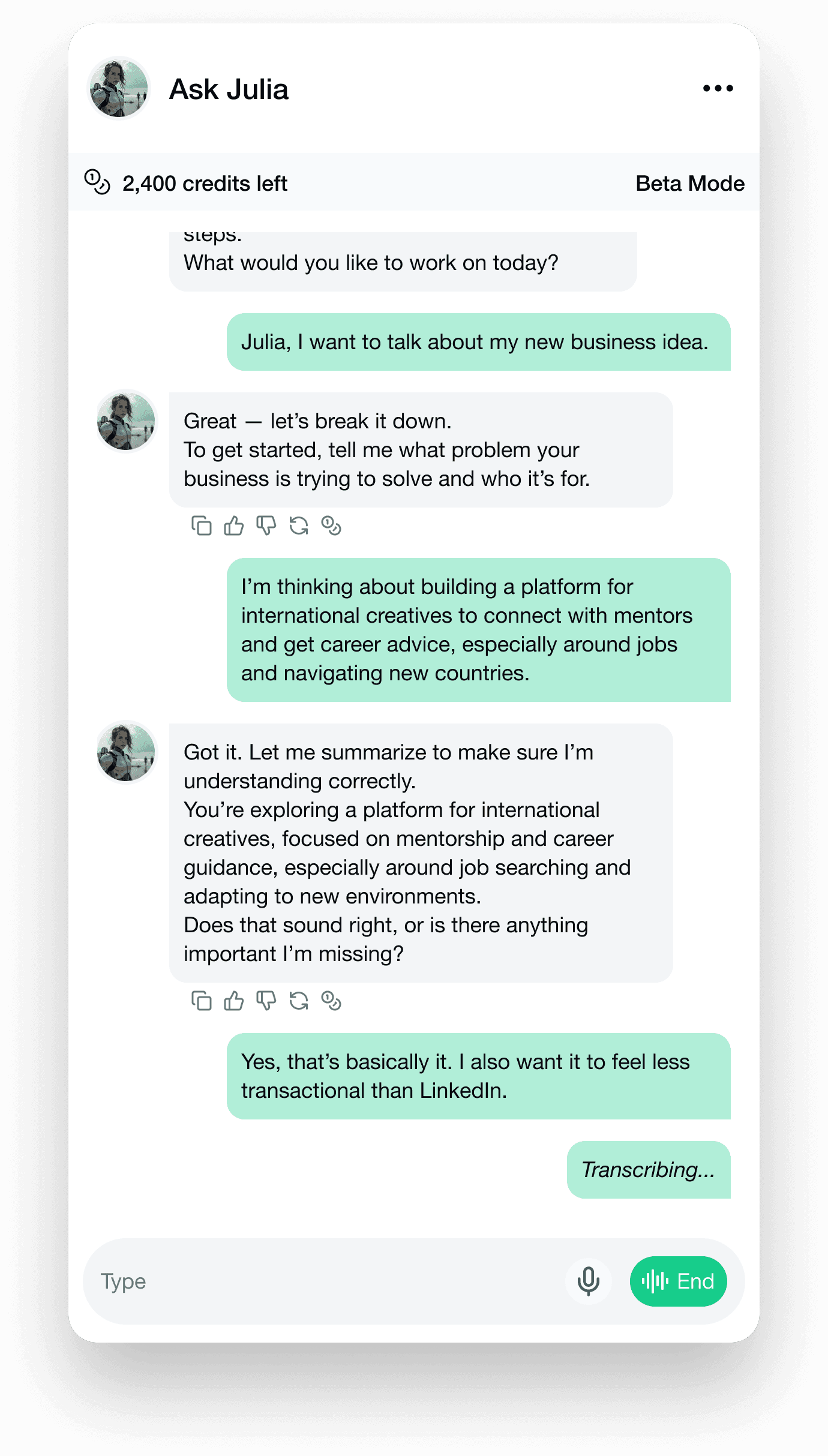 Ask Julia — voice conversation working through a business idea