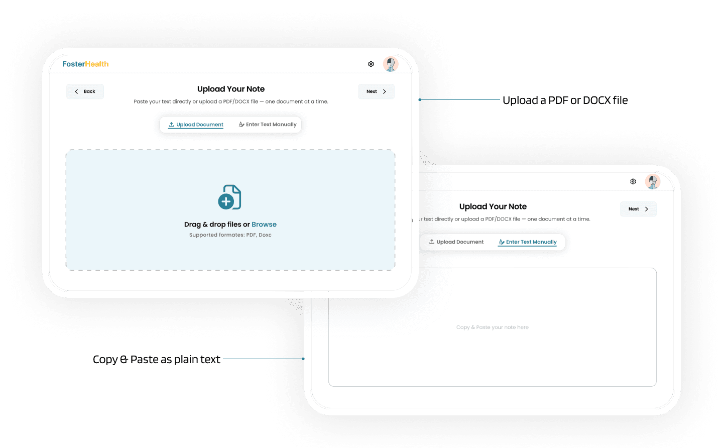 Upload your note — as a PDF/DOCX file or pasted plain text