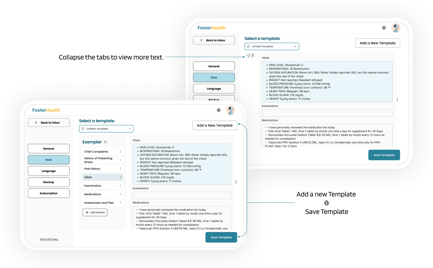 Template editor with collapsible sections and save template