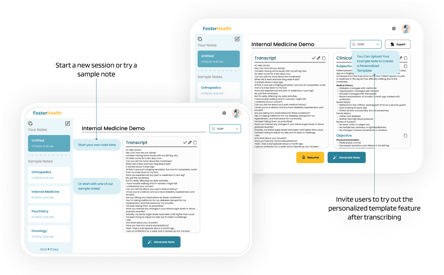 Start a new session or try a sample note, inviting users to try the personalized template