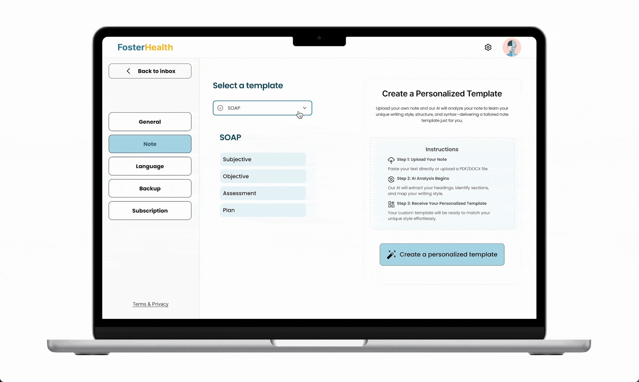 Creating a personalized template in FosterHealth — selecting a template and generating a custom one