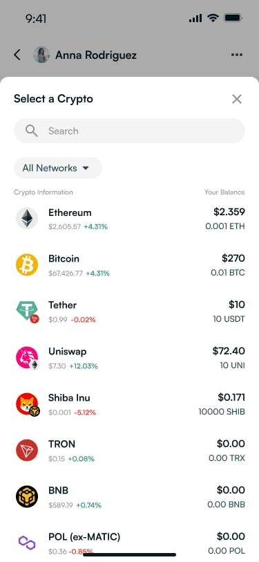Selecting a crypto to send