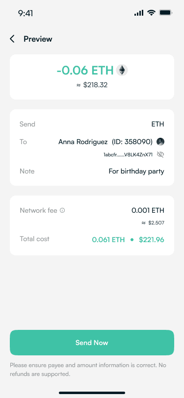 Transaction preview with amount, recipient, network fee and total