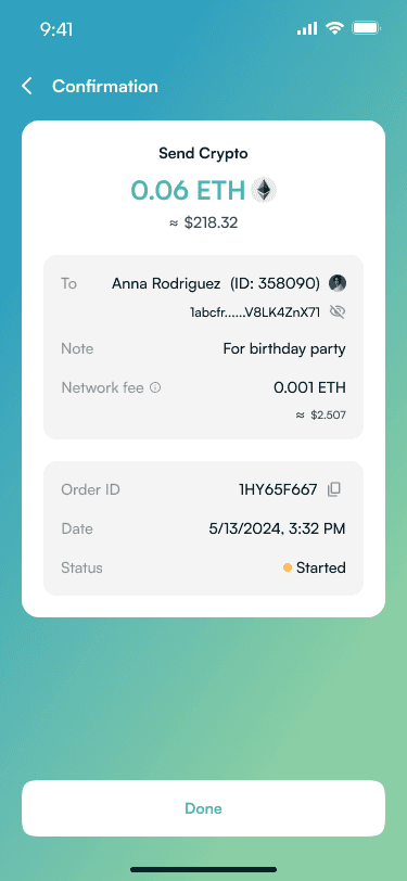 Transaction confirmation with order ID and status