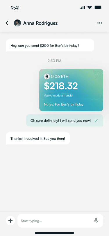 Transfer confirmation card inline in the chat