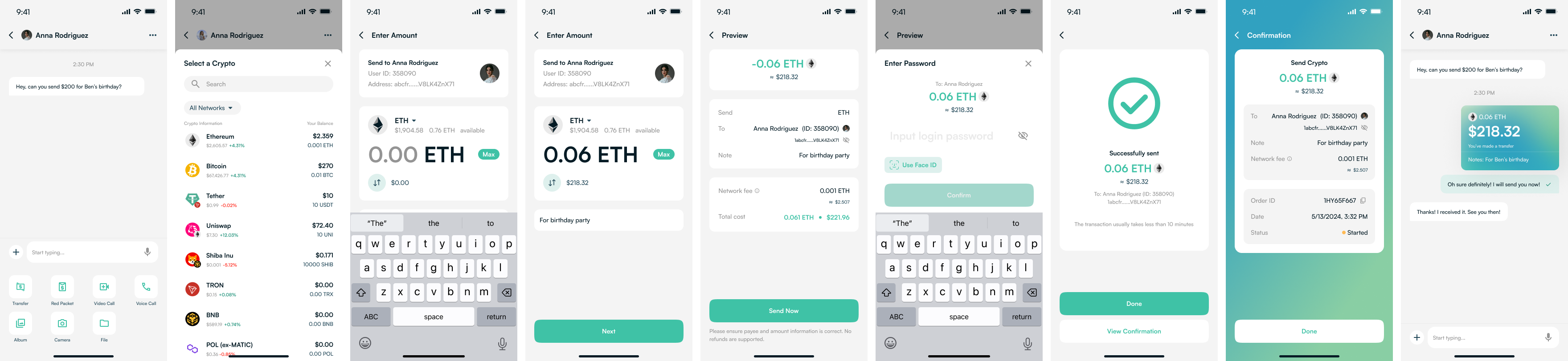 The entire in-chat transaction flow, end to end across nine screens